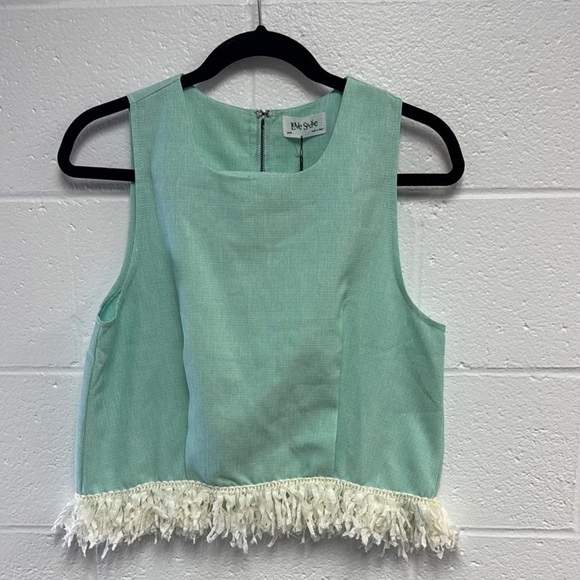Mint Green Cropped Tank Top with Fringe Detail - Picture 1 of 10